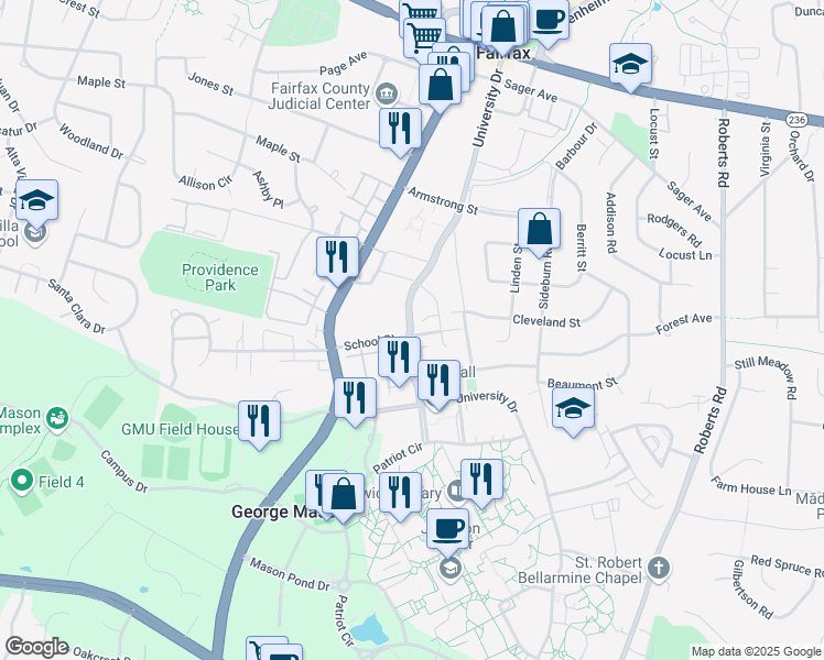 map of restaurants, bars, coffee shops, grocery stores, and more near George Mason Boulevard in Fairfax