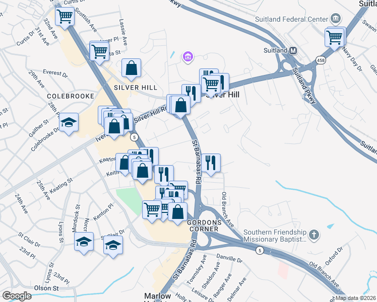 map of restaurants, bars, coffee shops, grocery stores, and more near 3811 Saint Barnabas Road in Suitland-Silver Hill