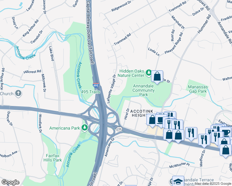 map of restaurants, bars, coffee shops, grocery stores, and more near 3963 Hancock Forest Trail in Annandale