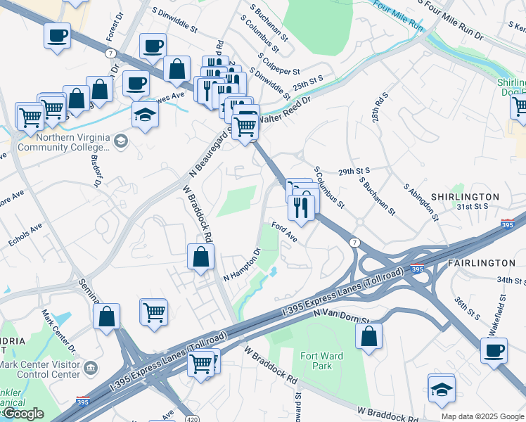 map of restaurants, bars, coffee shops, grocery stores, and more near 3101 North Hampton Drive in Alexandria