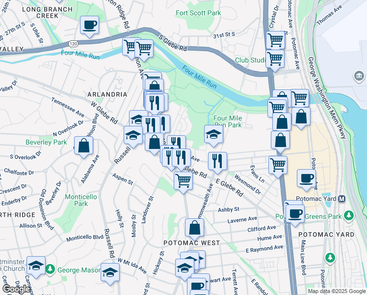 map of restaurants, bars, coffee shops, grocery stores, and more near 142 Dale Street in Alexandria