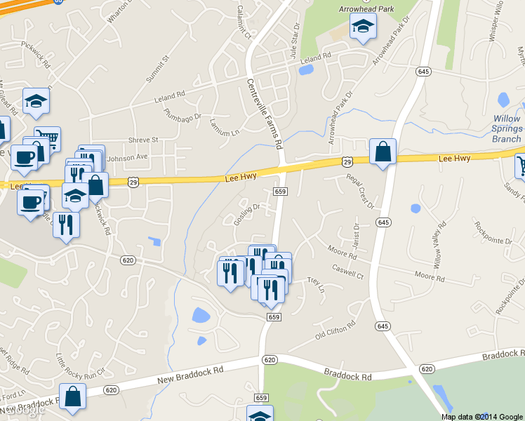 map of restaurants, bars, coffee shops, grocery stores, and more near 5602 Gosling Court in Clifton
