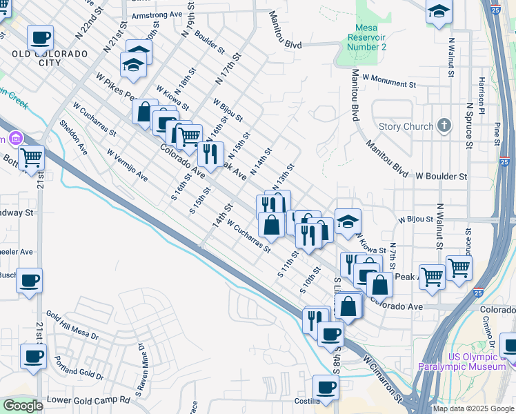 map of restaurants, bars, coffee shops, grocery stores, and more near 1308 Colorado Avenue in Colorado Springs