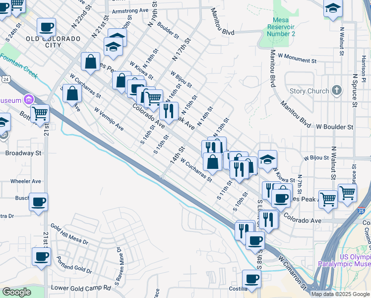 map of restaurants, bars, coffee shops, grocery stores, and more near 103 South 14th Street in Colorado Springs