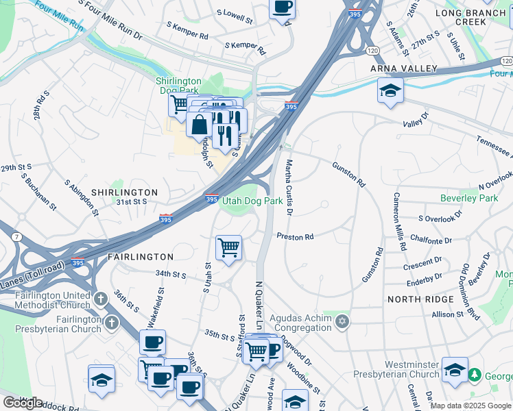 map of restaurants, bars, coffee shops, grocery stores, and more near 3165 South Stafford Street in Arlington