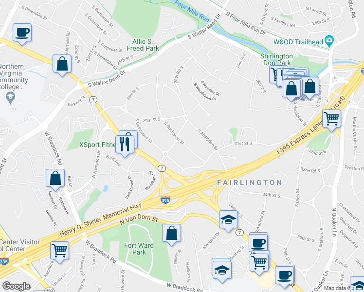 map of restaurants, bars, coffee shops, grocery stores, and more near 3019 South Buchanan Street in Arlington