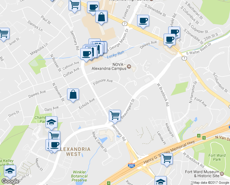 map of restaurants, bars, coffee shops, grocery stores, and more near 5110 Echols Avenue in Alexandria