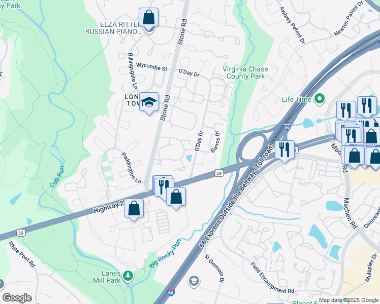 map of restaurants, bars, coffee shops, grocery stores, and more near 14603 Rainy Spring Lane in Centreville