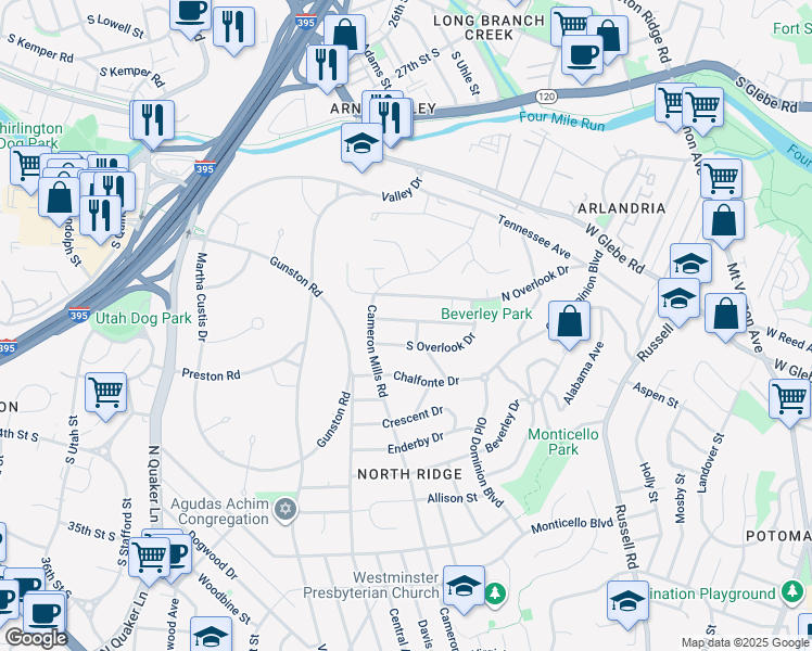 map of restaurants, bars, coffee shops, grocery stores, and more near 802 Grand View Drive in Alexandria