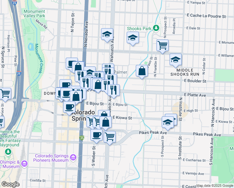 map of restaurants, bars, coffee shops, grocery stores, and more near 419 East Platte Avenue in Colorado Springs