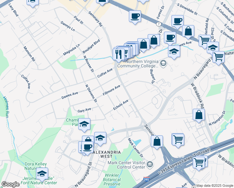 map of restaurants, bars, coffee shops, grocery stores, and more near 2707 Fairview Court in Alexandria
