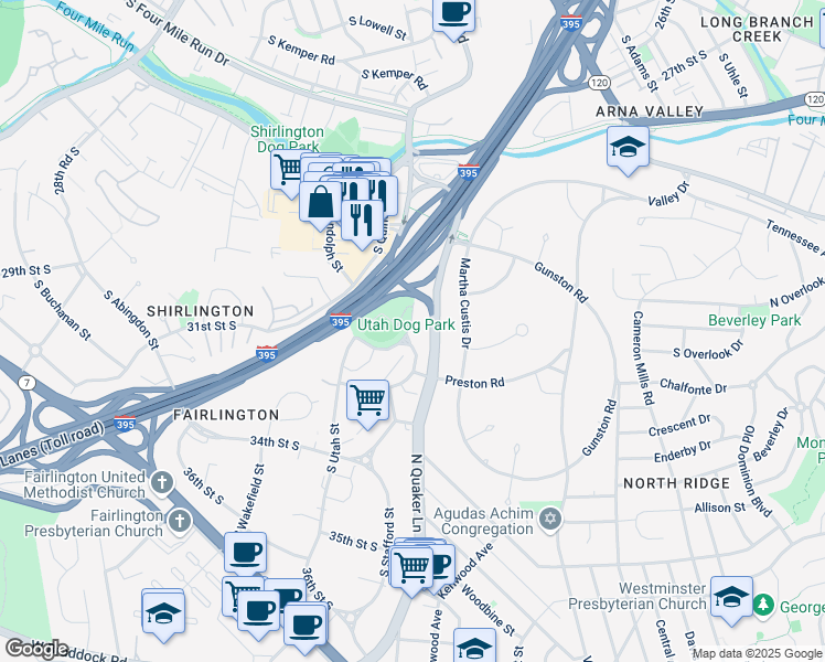 map of restaurants, bars, coffee shops, grocery stores, and more near 3163 South Stafford Street in Arlington