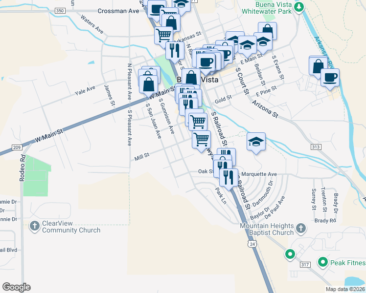 map of restaurants, bars, coffee shops, grocery stores, and more near 202 Mill Street in Buena Vista