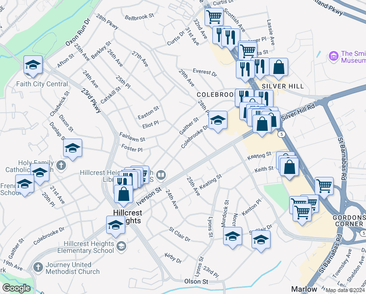 map of restaurants, bars, coffee shops, grocery stores, and more near 2559 Colebrooke Drive in Hillcrest Heights