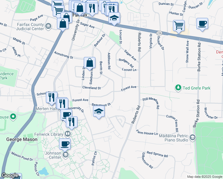 map of restaurants, bars, coffee shops, grocery stores, and more near 4242 Berritt Street in Fairfax