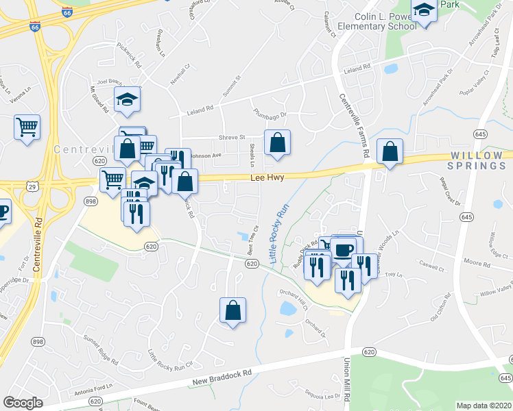 map of restaurants, bars, coffee shops, grocery stores, and more near 5712 Hollow Oak Lane in Centreville