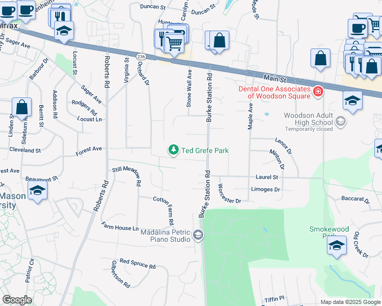 map of restaurants, bars, coffee shops, grocery stores, and more near 9902 Grefe Drive in Fairfax