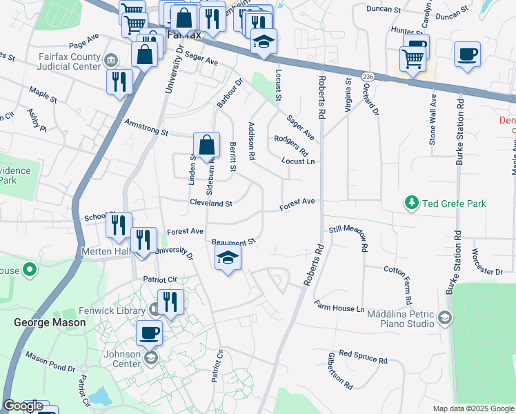 map of restaurants, bars, coffee shops, grocery stores, and more near 4242 Berritt Street in Fairfax