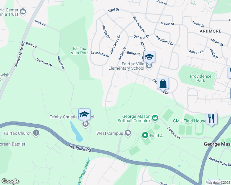 map of restaurants, bars, coffee shops, grocery stores, and more near 11022 Stanrich Court in Fairfax