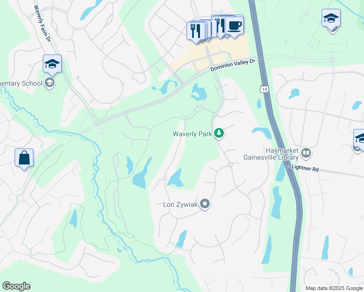 map of restaurants, bars, coffee shops, grocery stores, and more near 15292 Golf View Drive in Haymarket