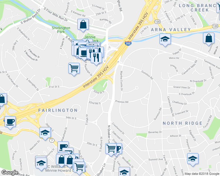 map of restaurants, bars, coffee shops, grocery stores, and more near 3163 South Stafford Street in Arlington