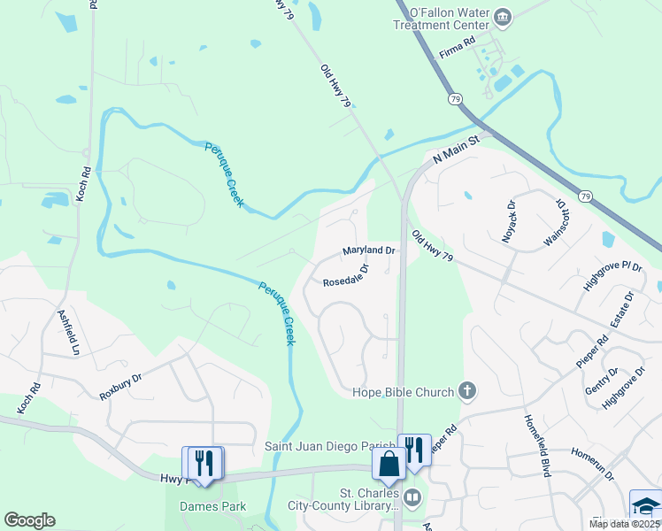 map of restaurants, bars, coffee shops, grocery stores, and more near 154 Maryland Drive in O'Fallon