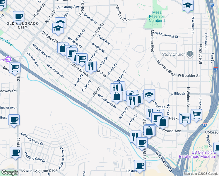 map of restaurants, bars, coffee shops, grocery stores, and more near 1308 Colorado Avenue in Colorado Springs