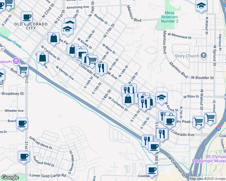 map of restaurants, bars, coffee shops, grocery stores, and more near 103 South 14th Street in Colorado Springs