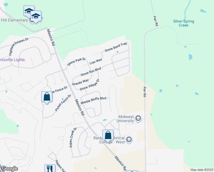 map of restaurants, bars, coffee shops, grocery stores, and more near 454 Honeysuckle Creek Drive in Wentzville