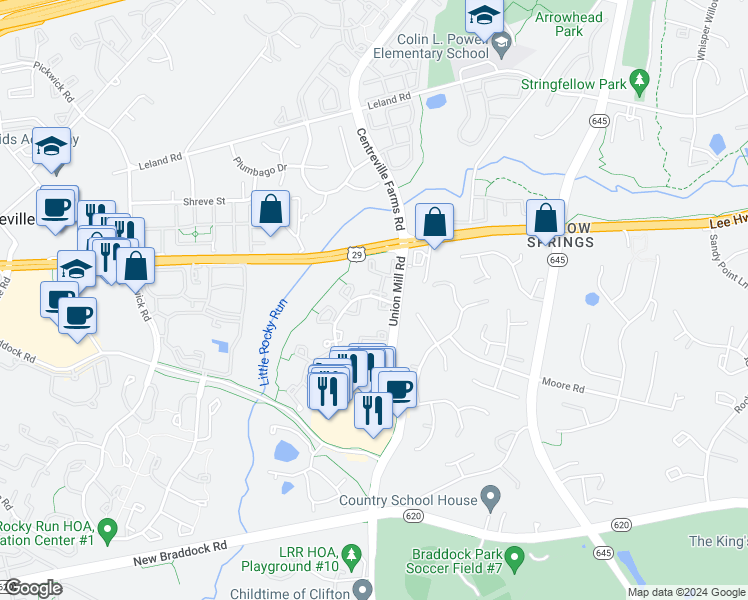 map of restaurants, bars, coffee shops, grocery stores, and more near 5600 Gosling Court in Clifton