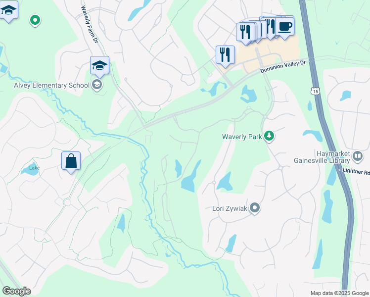 map of restaurants, bars, coffee shops, grocery stores, and more near 15405 Berry Pond Place in Haymarket