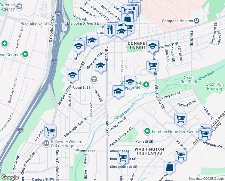map of restaurants, bars, coffee shops, grocery stores, and more near 425 Woodcrest Drive Southeast in Washington