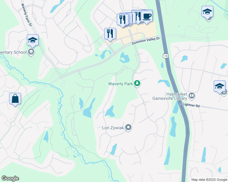 map of restaurants, bars, coffee shops, grocery stores, and more near 15292 Golf View Drive in Haymarket