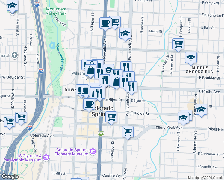 map of restaurants, bars, coffee shops, grocery stores, and more near 231 E Platte Ave in Colorado Springs