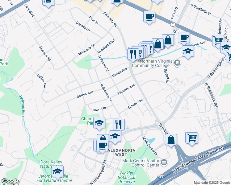 map of restaurants, bars, coffee shops, grocery stores, and more near 5451 Fillmore Avenue in Alexandria