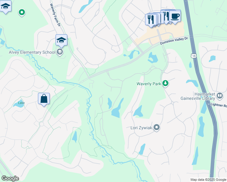 map of restaurants, bars, coffee shops, grocery stores, and more near 15405 Berry Pond Place in Haymarket