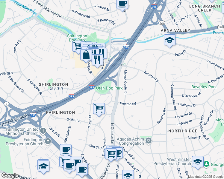 map of restaurants, bars, coffee shops, grocery stores, and more near 3165 South Stafford Street in Arlington