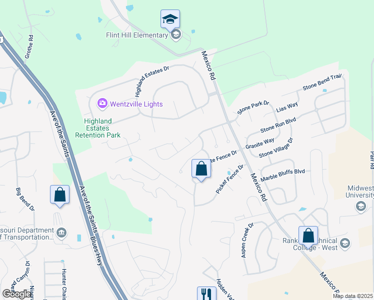 map of restaurants, bars, coffee shops, grocery stores, and more near 680 Ballantrae Drive in Wentzville