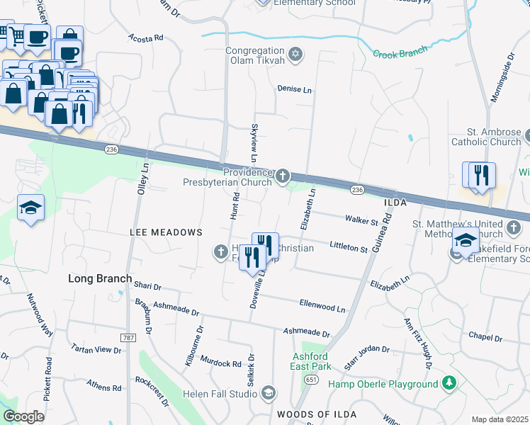 map of restaurants, bars, coffee shops, grocery stores, and more near 9105 Hunting Pines Place in Fairfax