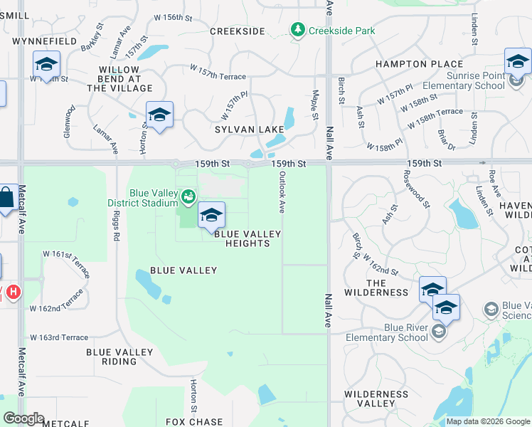 map of restaurants, bars, coffee shops, grocery stores, and more near 16000 Outlook Avenue in Stilwell