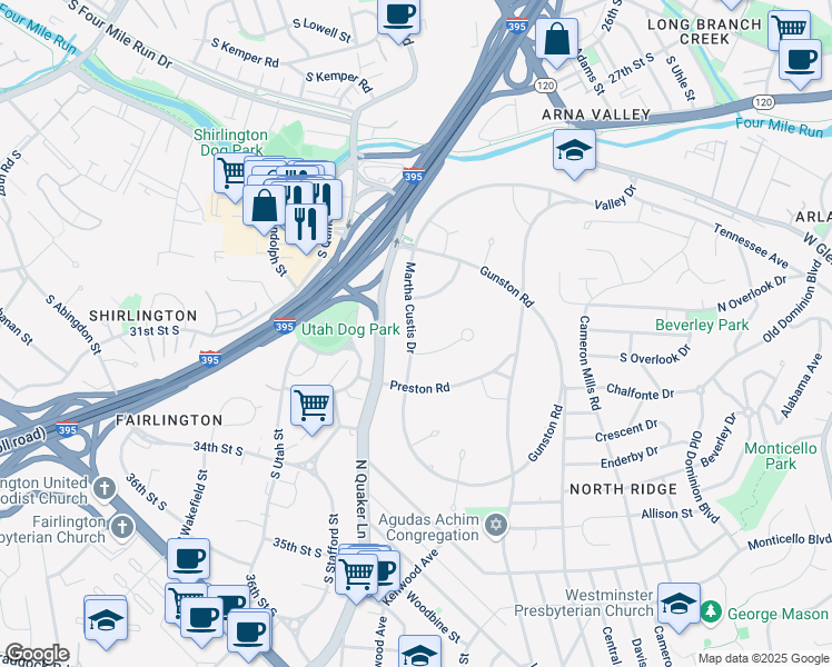 map of restaurants, bars, coffee shops, grocery stores, and more near 3424 Martha Custis Drive in Alexandria
