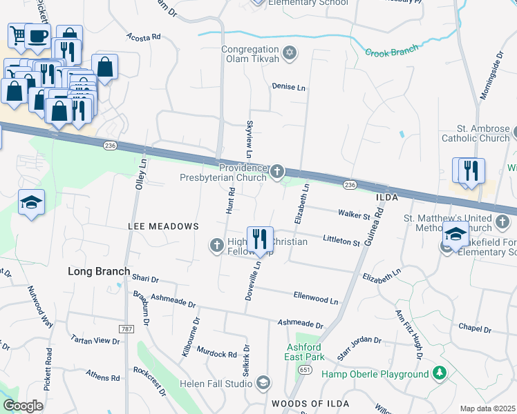 map of restaurants, bars, coffee shops, grocery stores, and more near 9105 Hunting Pines Place in Fairfax