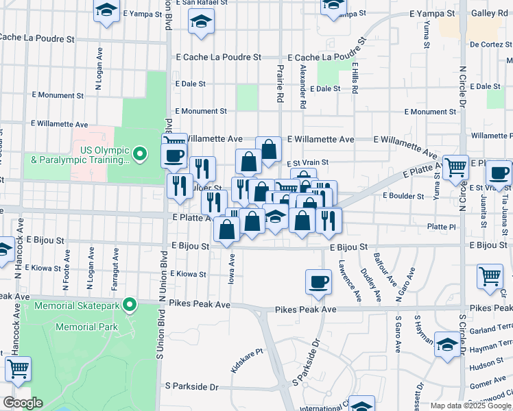 map of restaurants, bars, coffee shops, grocery stores, and more near 2203 East Boulder Street in Colorado Springs