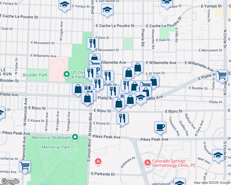 map of restaurants, bars, coffee shops, grocery stores, and more near 317 Swope Avenue in Colorado Springs