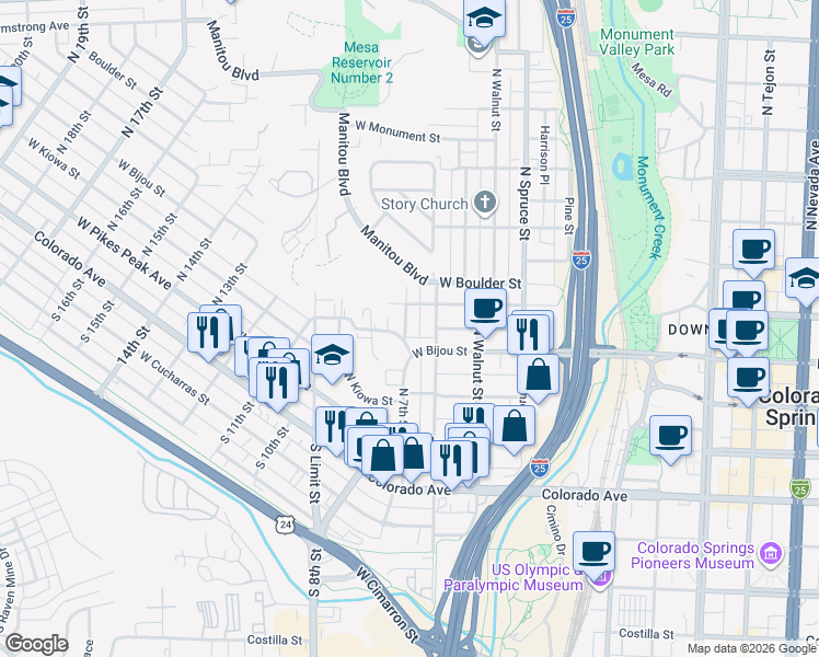 map of restaurants, bars, coffee shops, grocery stores, and more near in Colorado Springs