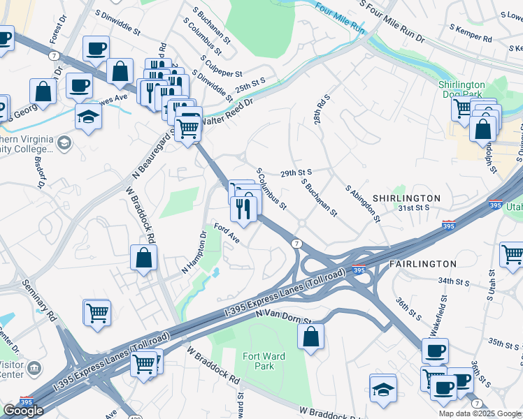 map of restaurants, bars, coffee shops, grocery stores, and more near 4914 29th Road South in Arlington