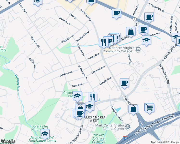 map of restaurants, bars, coffee shops, grocery stores, and more near 5451 Fillmore Avenue in Alexandria