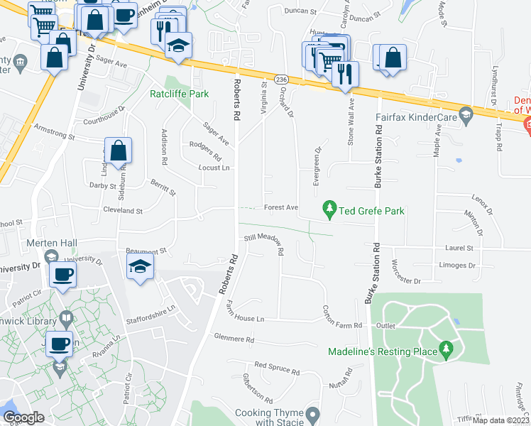 map of restaurants, bars, coffee shops, grocery stores, and more near 10109 Forest Avenue in Fairfax