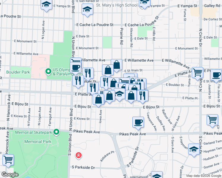 map of restaurants, bars, coffee shops, grocery stores, and more near 2203 East Boulder Street in Colorado Springs