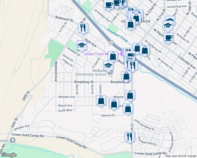map of restaurants, bars, coffee shops, grocery stores, and more near 1029 Arch Street in Colorado Springs